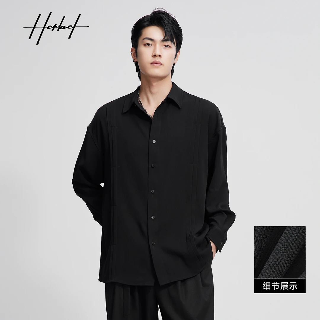 HERBEL/黑白2025早秋穿搭长袖衬衫休闲潮流日系衬衫舒适户外