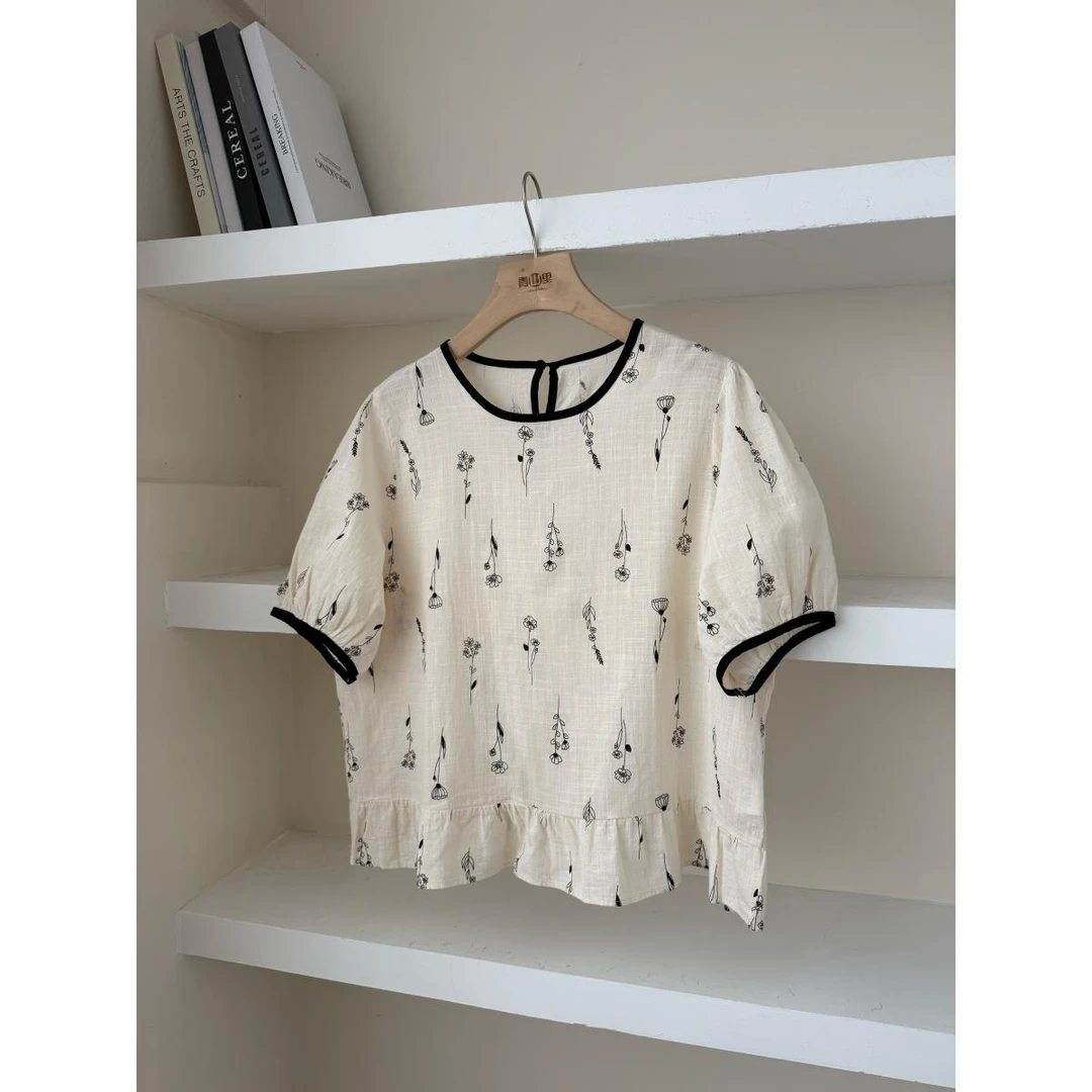 P0413-“手绘植物”时尚上衣短袖印花白色外穿衬衫碎花圆领宽松减龄