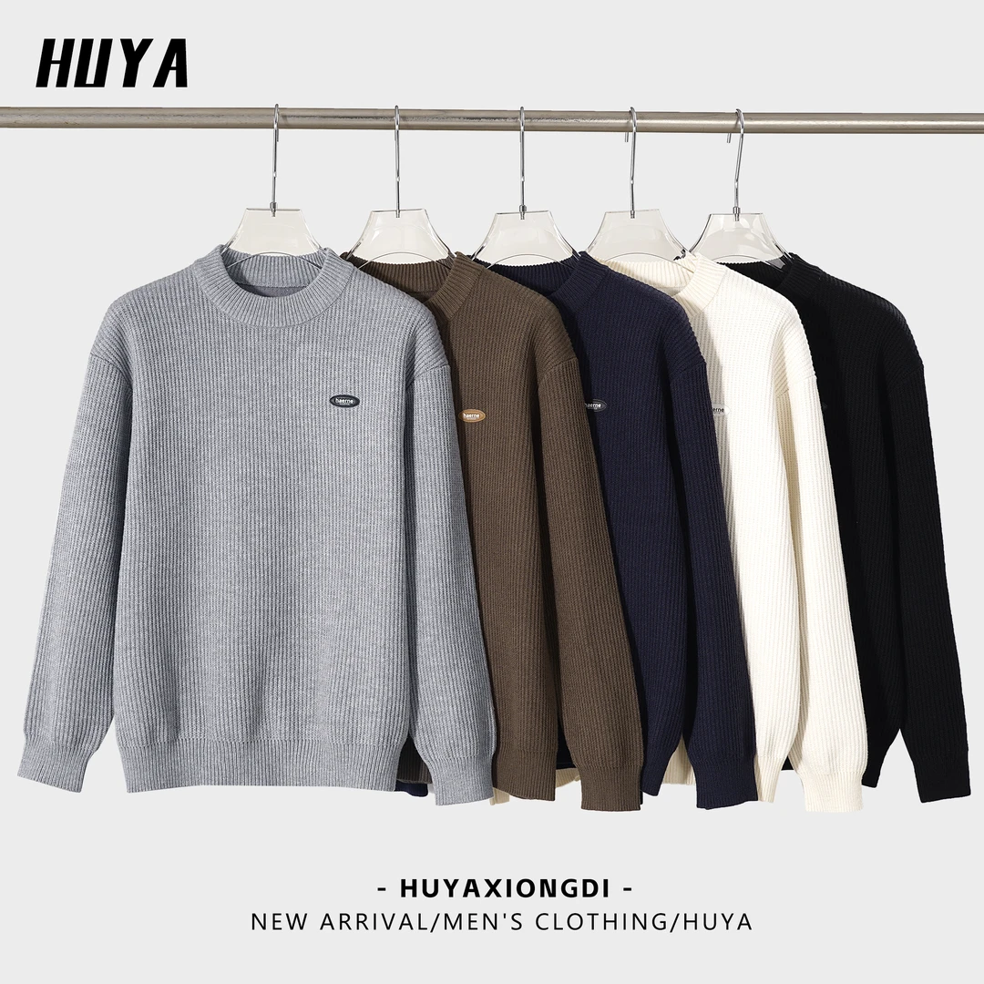 HUYA冬季复古百搭简约字母贴布竖条纹肌理感保暖针织毛衣男X8999