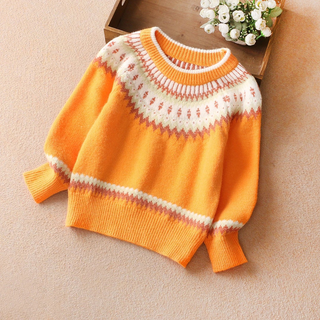 女童毛衣秋冬洋气大童橙色提花套头针织衫儿童加厚保暖费尔岛上衣