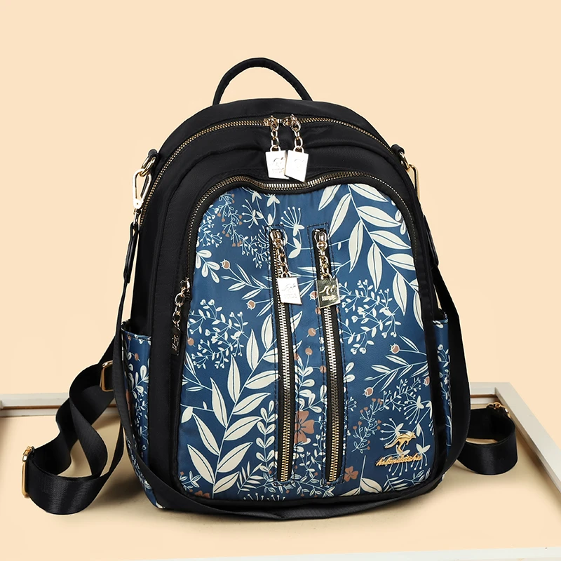 袋鼠蔓蔓雅源印花牛津布双肩包时尚轻便多功能大容量女士旅游背包