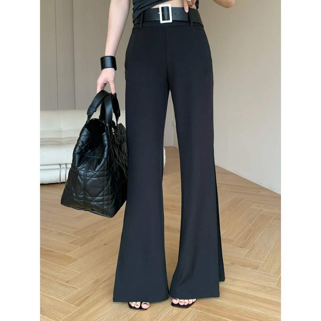 JIJINQI时尚气质百搭高腰显瘦直筒黑色微喇叭休闲裤女JD02KZPT918