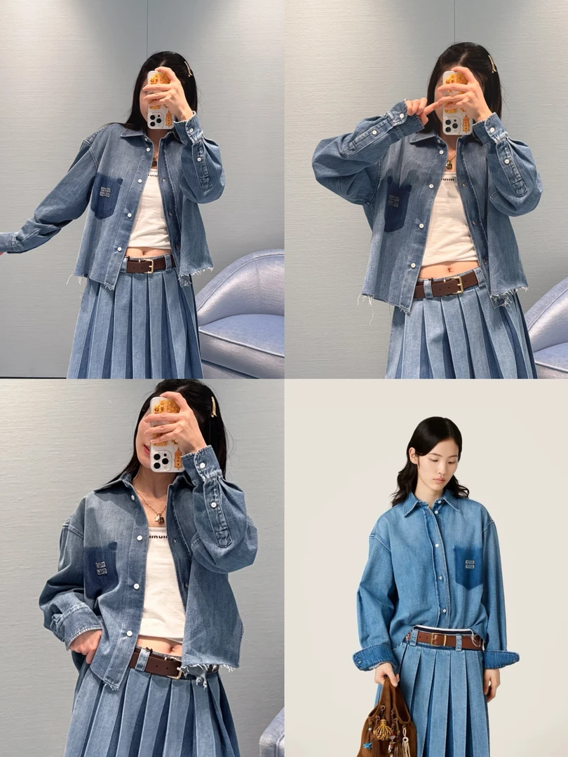 「8561」慵懒腔调 字母刺绣复古蓝水洗做旧不锁边短款牛仔衬衣