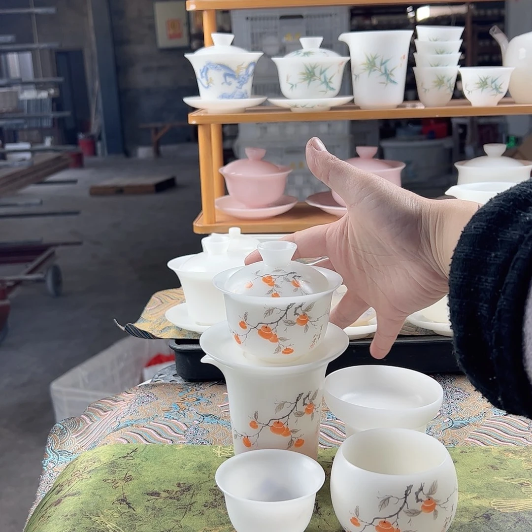 事事如意-素烧璞玉盖碗170ml茶海过滤组6个反口杯龙蛋杯