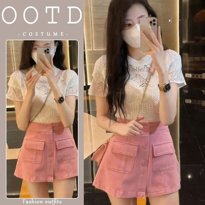俏皮简约两件套女夏季小个子纯色短袖上衣粉色高腰遮胯牛仔裤裙潮