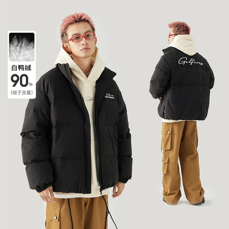 GOLFCROSS冬季拼色无帽立领羽绒服90白鸭绒防寒保暖外套男女款潮