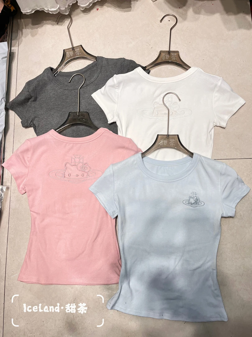 【实拍！薄荷曼波色系】西太后镂空刺绣kt收腰正肩短袖T恤