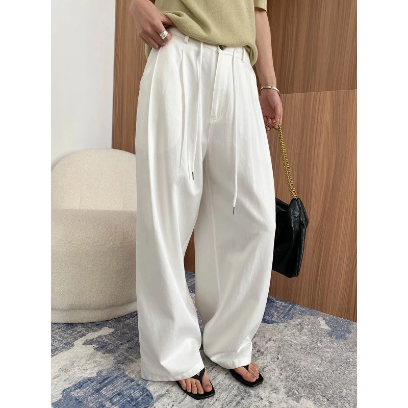 早秋新款天丝莱赛尔抽绳设计感压褶垂顺拖地裤休闲宽松高腰百搭