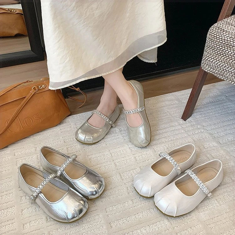 2025新款法式韩版女款圆头单鞋时尚百搭玛丽珍鞋带褶皱设计镶嵌水
