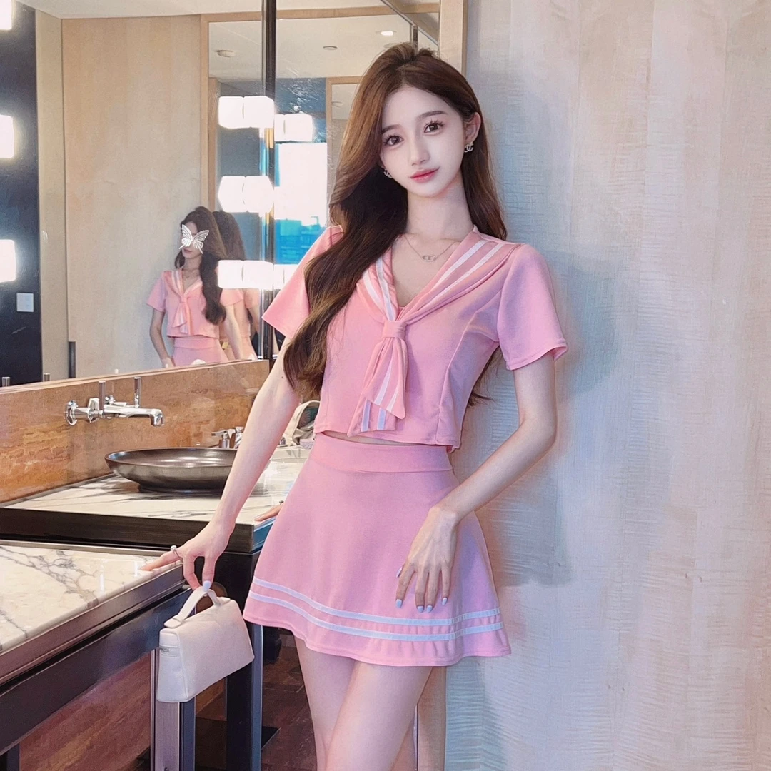 辣妹减龄JK制服两件套撞色低胸性感连衣裙SPA足浴技师工作服夏装