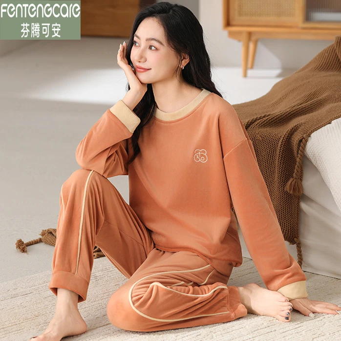 芬腾可安秋冬季睡衣女款长袖圆领加厚海岛绒保暖休闲薄绒女家居服