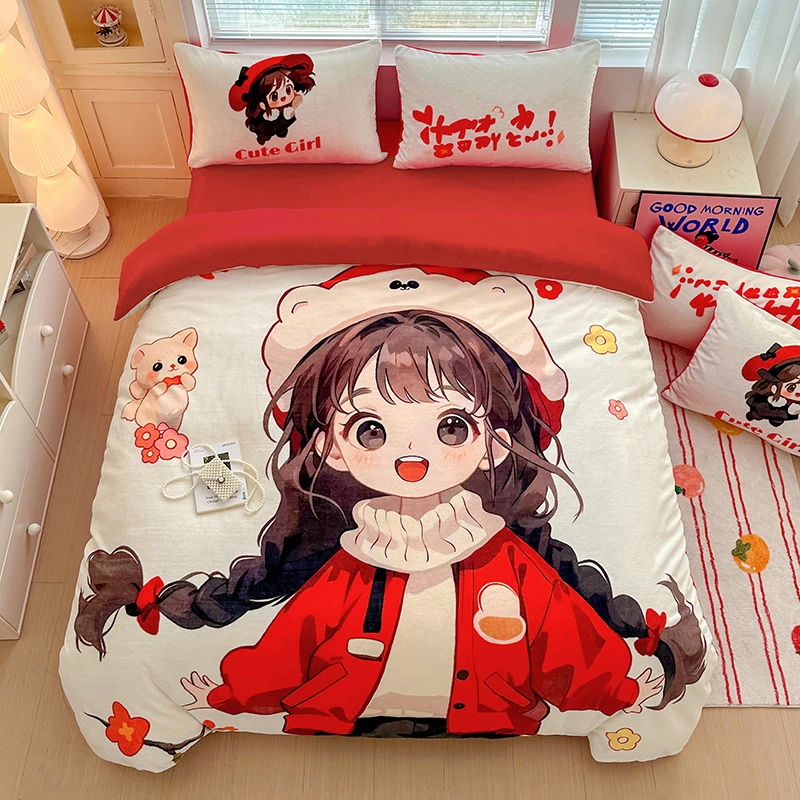 【奇遇童话】大版卡通可爱牛奶绒套件秋冬保暖防寒双面加厚印花超软