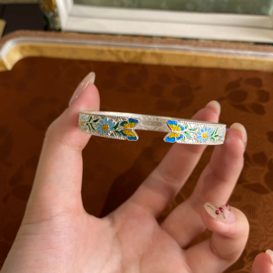 足银珐琅手镯 燕归yangui‘’蓝菊‘’蝴蝶足银999.9手镯 25g