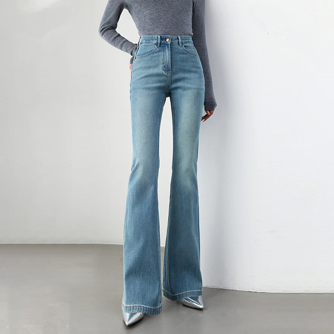 秋季美式复古遮肉微喇牛仔裤女小个子梨型高腰遮胯显瘦百搭喇叭裤