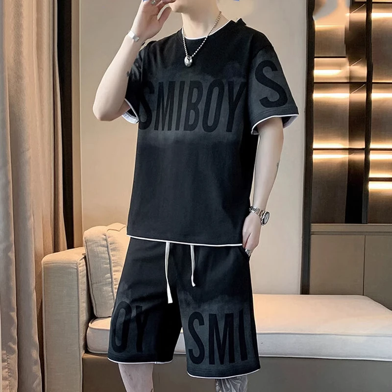 高端渐变印花男士夏季套装休闲运动薄款透气短袖t恤短裤搭配一套