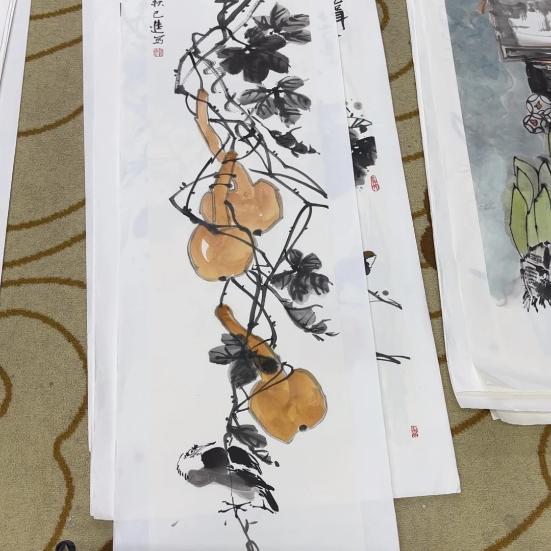 日***山国画四尺对开花鸟童