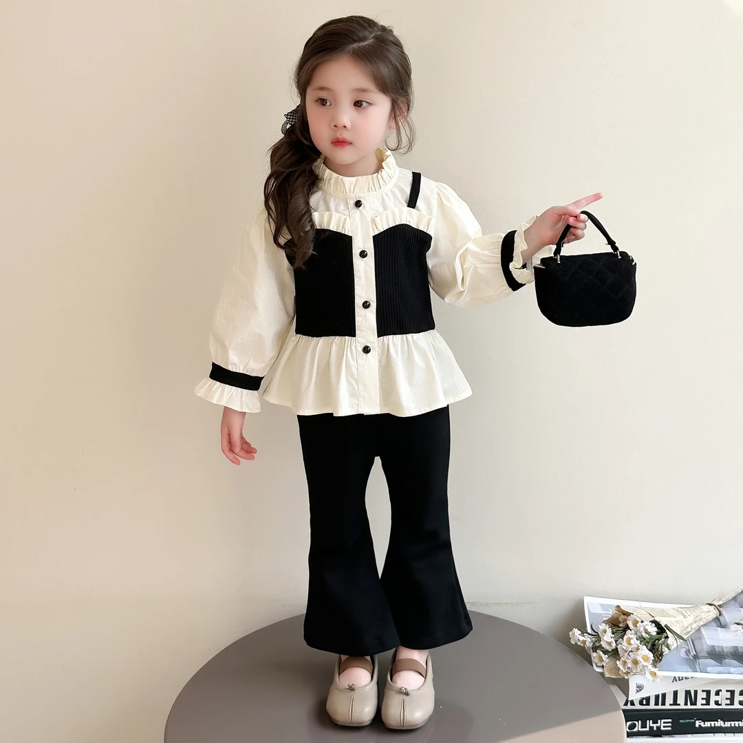 女童赫本风套装2025春秋新款宝宝假两件衬衫喇叭裤两件套儿童秋装
