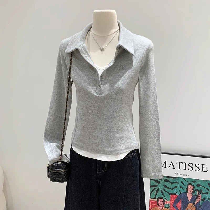 韩系学院风假两件拼接翻领T恤女长袖POLO衫春季通勤洋气时尚上衣
