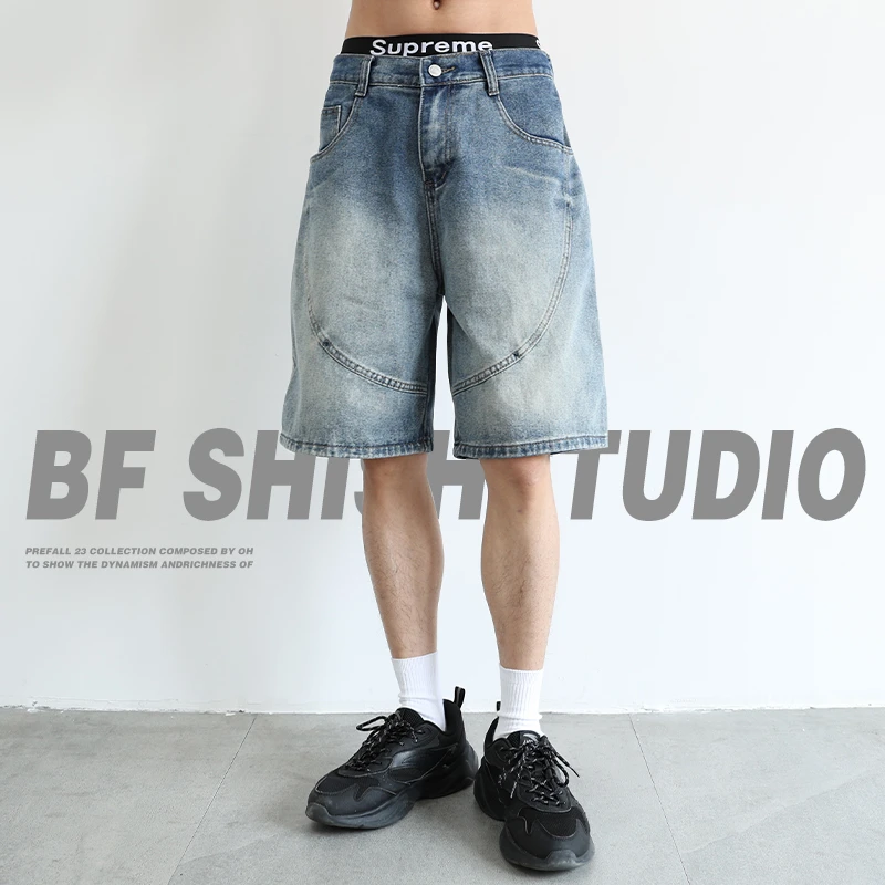 美式工装牛仔短裤男夏季外穿潮牌痞帅五分裤拼接弯刀休闲中裤夏天