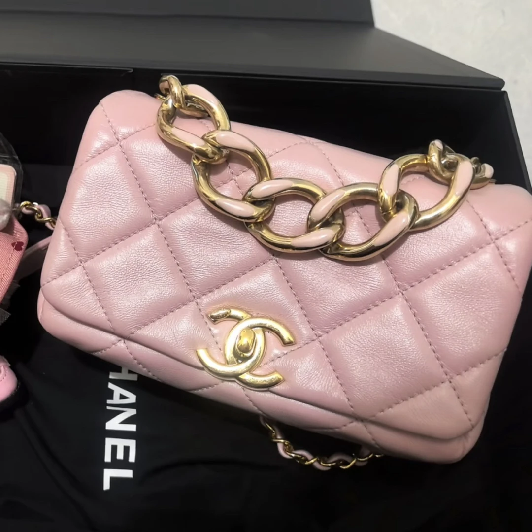 95新 Chanel/香奈儿 粉色法郎手提口盖包 芯片款 51392