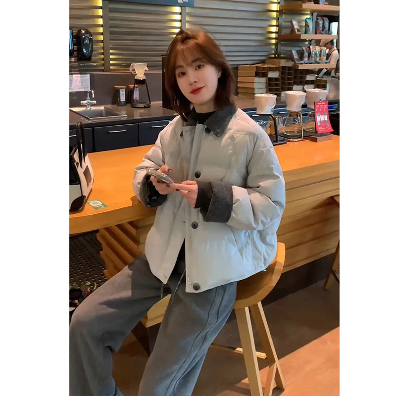 温柔系穿搭女2025新款冬季短款撞色显瘦气质棉服大衣外套显瘦棉服