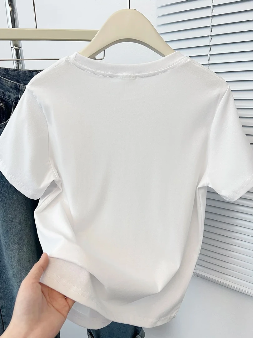 2025新款（香家黑白镂空短袖）白色时尚休闲女士夏季印花圆领