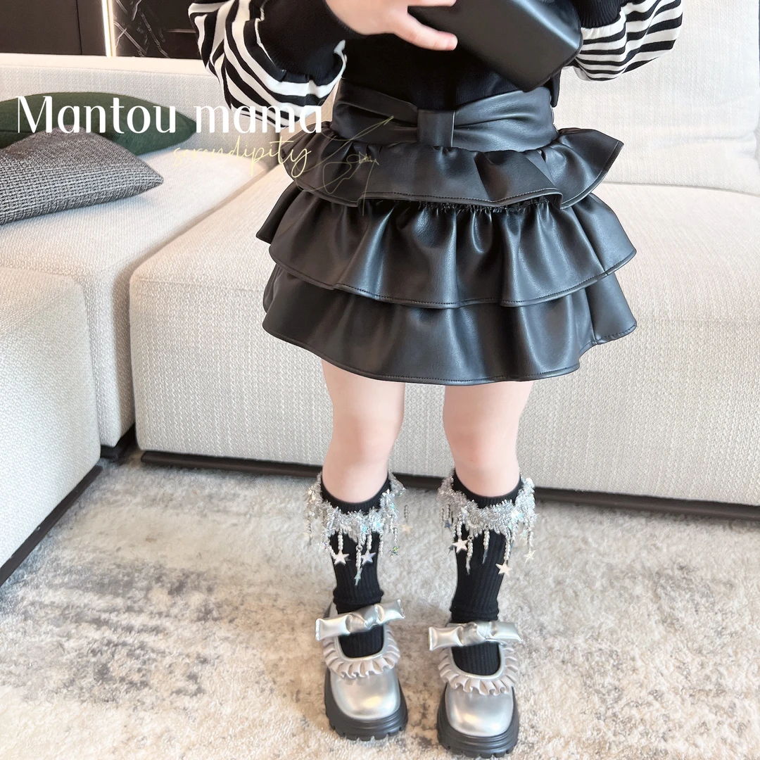 【】【现货】质感皮裙百褶蛋糕半身裙女童春秋季百搭洋气