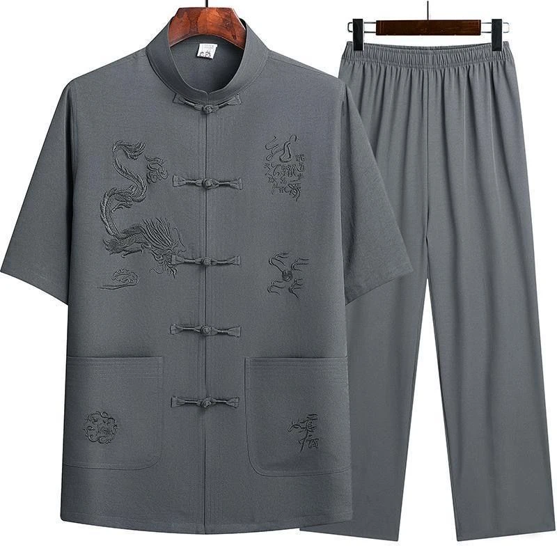 唐装男冰丝短袖套装爸爸装夏装中国风衣服中老年男装两件套太极服