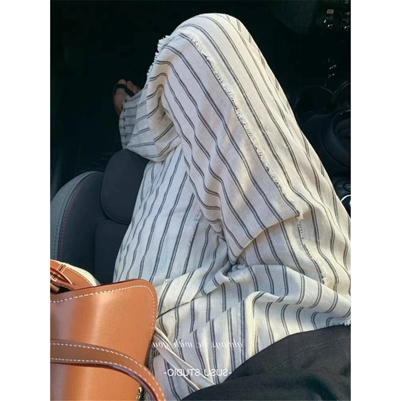 哥弟阿玛施正品白色条纹棉麻休闲宽裤女机夏季高腰宽松防晒直筒裤