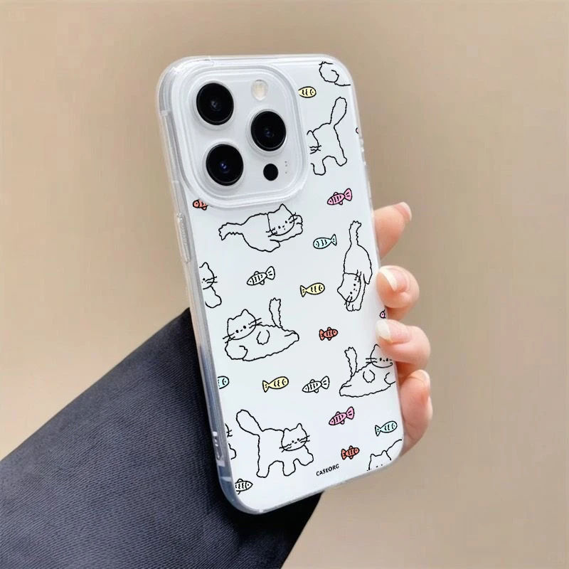 线条猫咪鱼IMD手机壳适用苹果华为vivo小米oppo女款iphone16/15