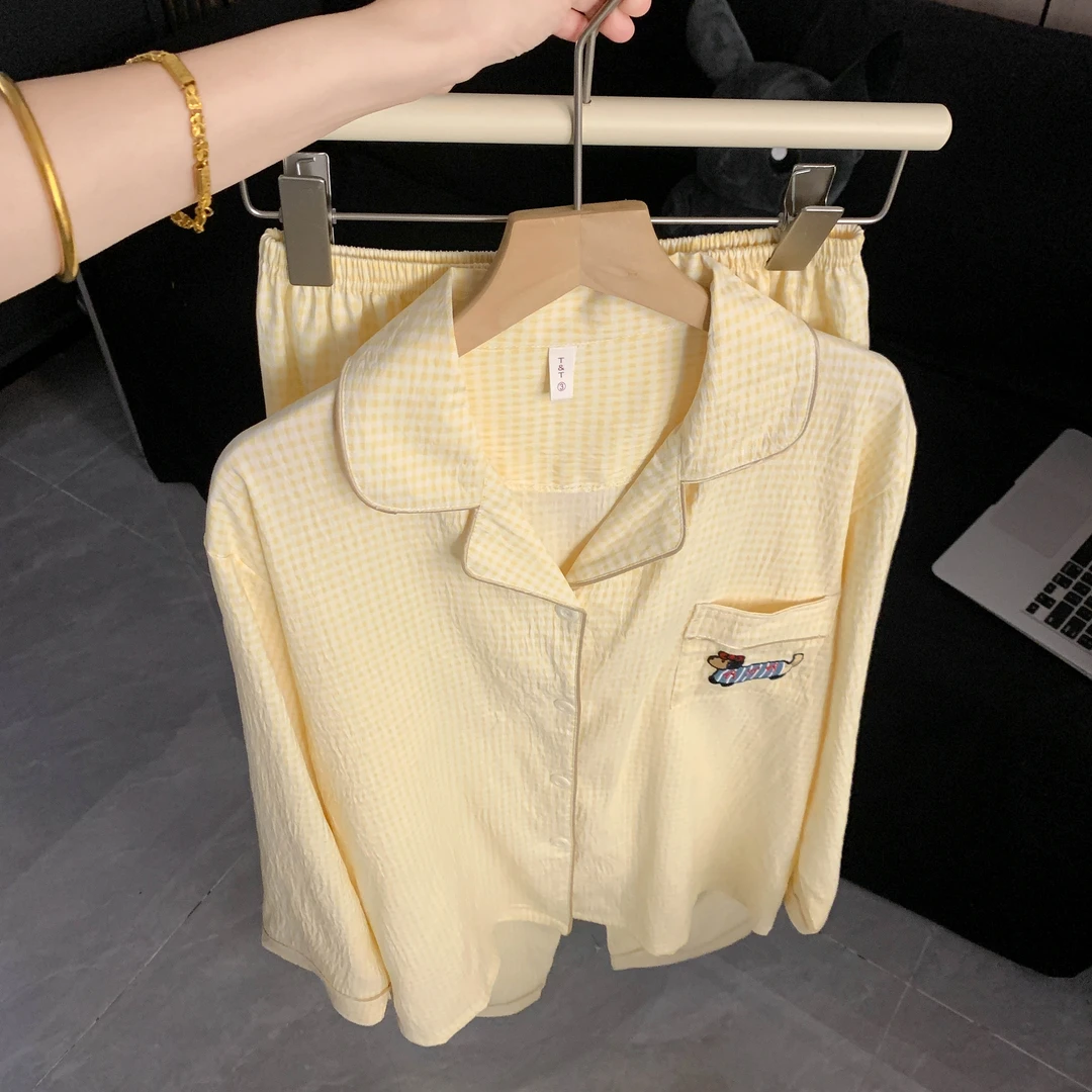 甜美格子睡衣女腊肠狗长袖长裤两件套春秋薄款翻领宽松学生可外穿