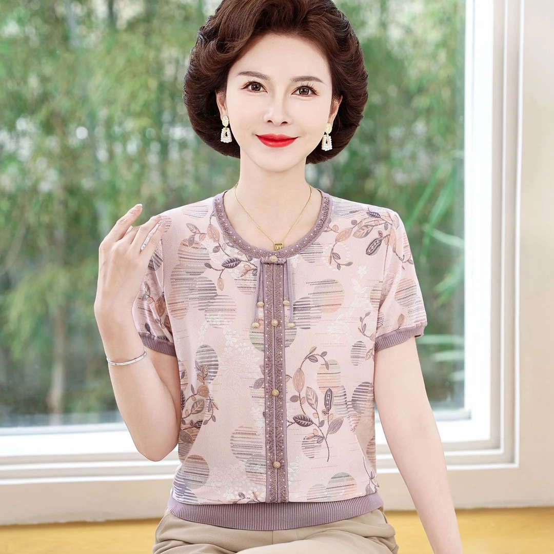 妈妈装夏装短袖T恤时尚洋气2025新款中老年母亲衣服夏季气质上衣