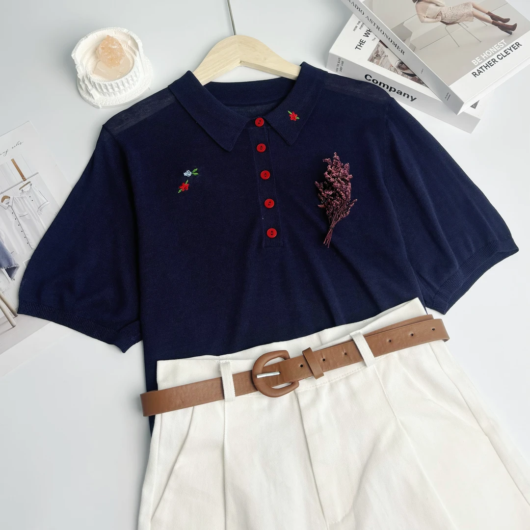 玲姐定制-Polo领翻领图案款薄款夏季洋气可爱微透针织短袖141421