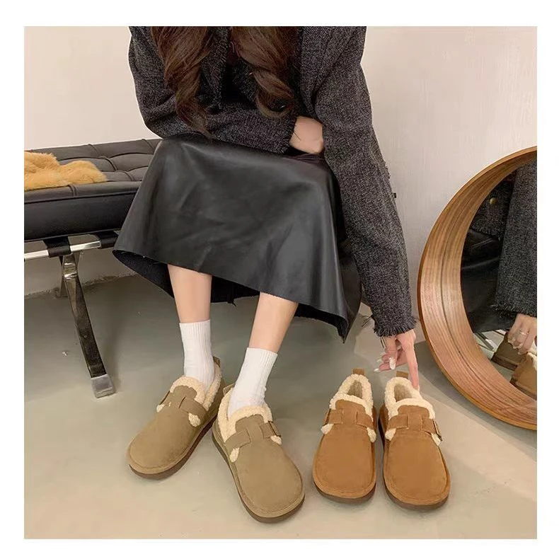 复古厚底加绒保暖勃肯鞋女2025冬季新款英伦风圆头一脚蹬棉鞋9116