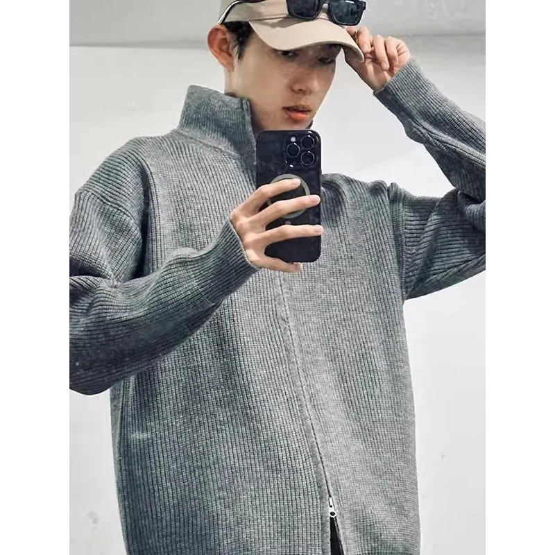 立领纯色双拉链针织开衫男秋季宽松美式痞帅高级感重磅针织衫外套