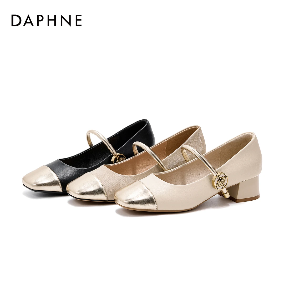 达芙妮气质百搭粗跟方头浅口高跟鞋春秋季新款软底复古千金单鞋