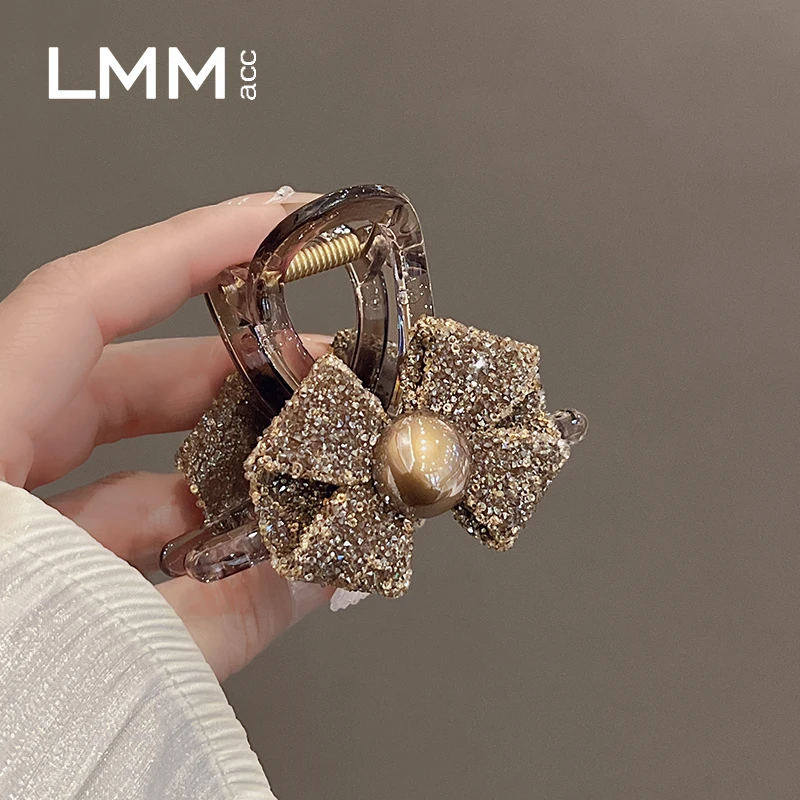 网红百搭蝴蝶结抓夹女全盘韩版后脑勺盘发夹2024新款珍珠发抓头饰