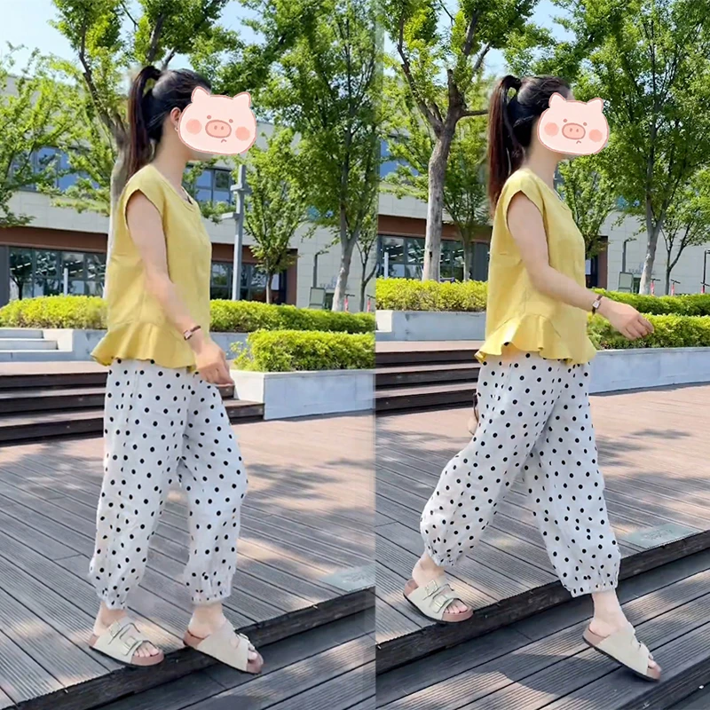 夏季韩系时尚百搭穿搭纯色无袖衬衫上衣拼接波点阔腿休闲裤女套装