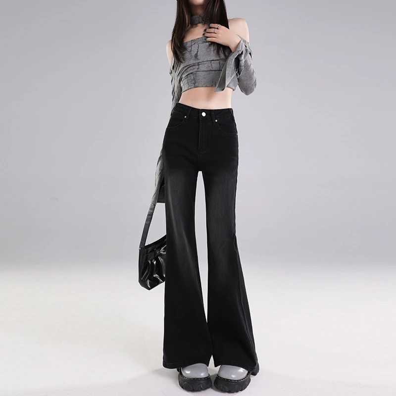 黑灰加绒微喇牛仔裤裤子秋季新款女款显瘦宽松拖地秋冬喇叭裤辣妹