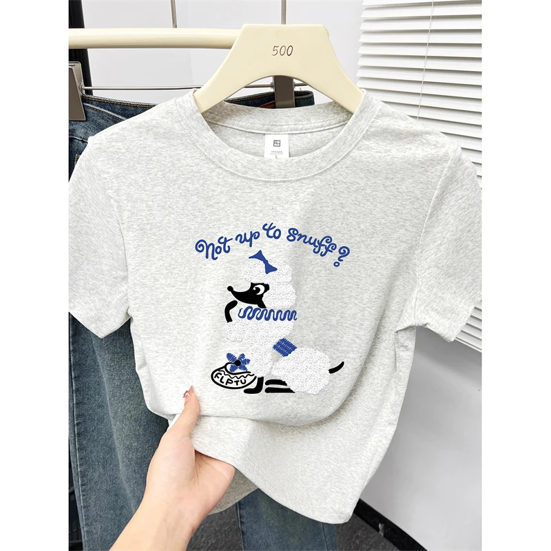 2025夏新款白灰色正肩短袖t恤女大码胖mm遮肉显瘦圆领洋气上衣潮