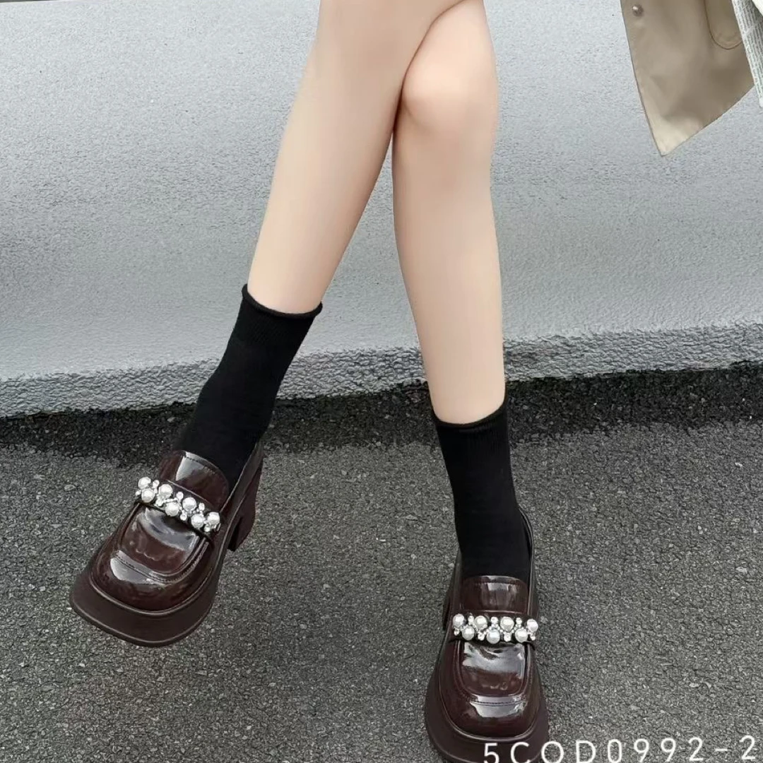 纯色高跟水钻珍珠漆皮通用粗跟一脚蹬乐福鞋【美罗巴】