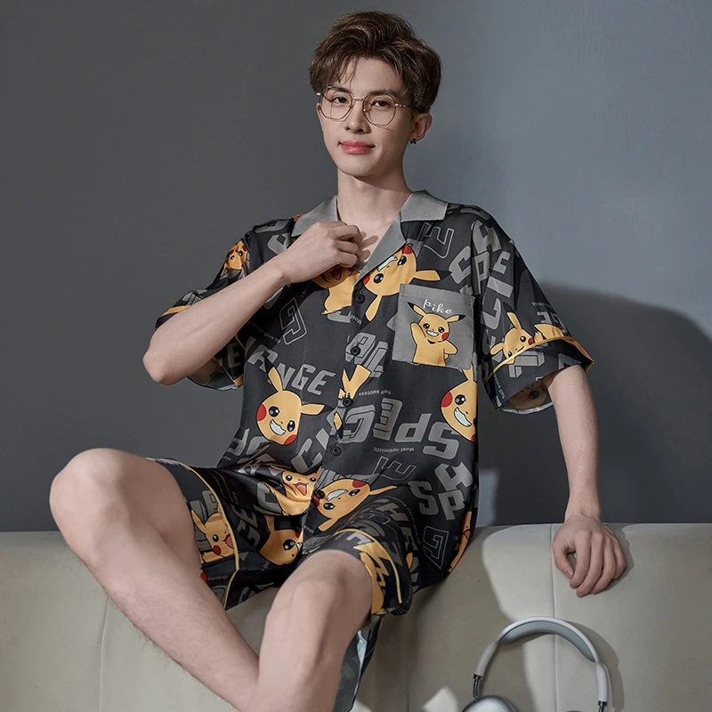 男士睡衣夏季短袖薄款冰丝凉感卡通青少年大码男款夏天家居服套装