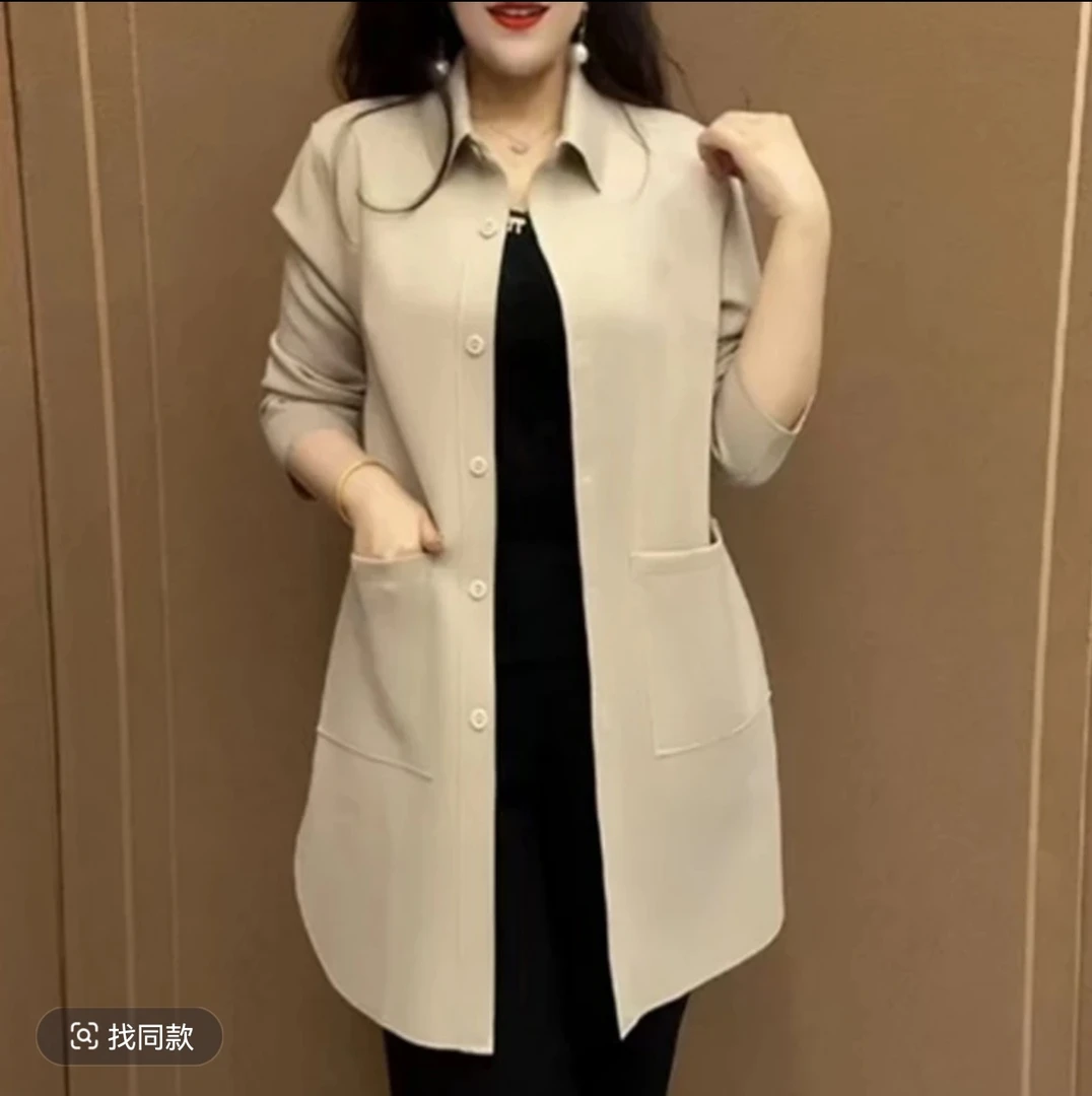 2025新款休闲风翻领女士中长款风衣秋季纽扣双兜设计宽松显瘦外套