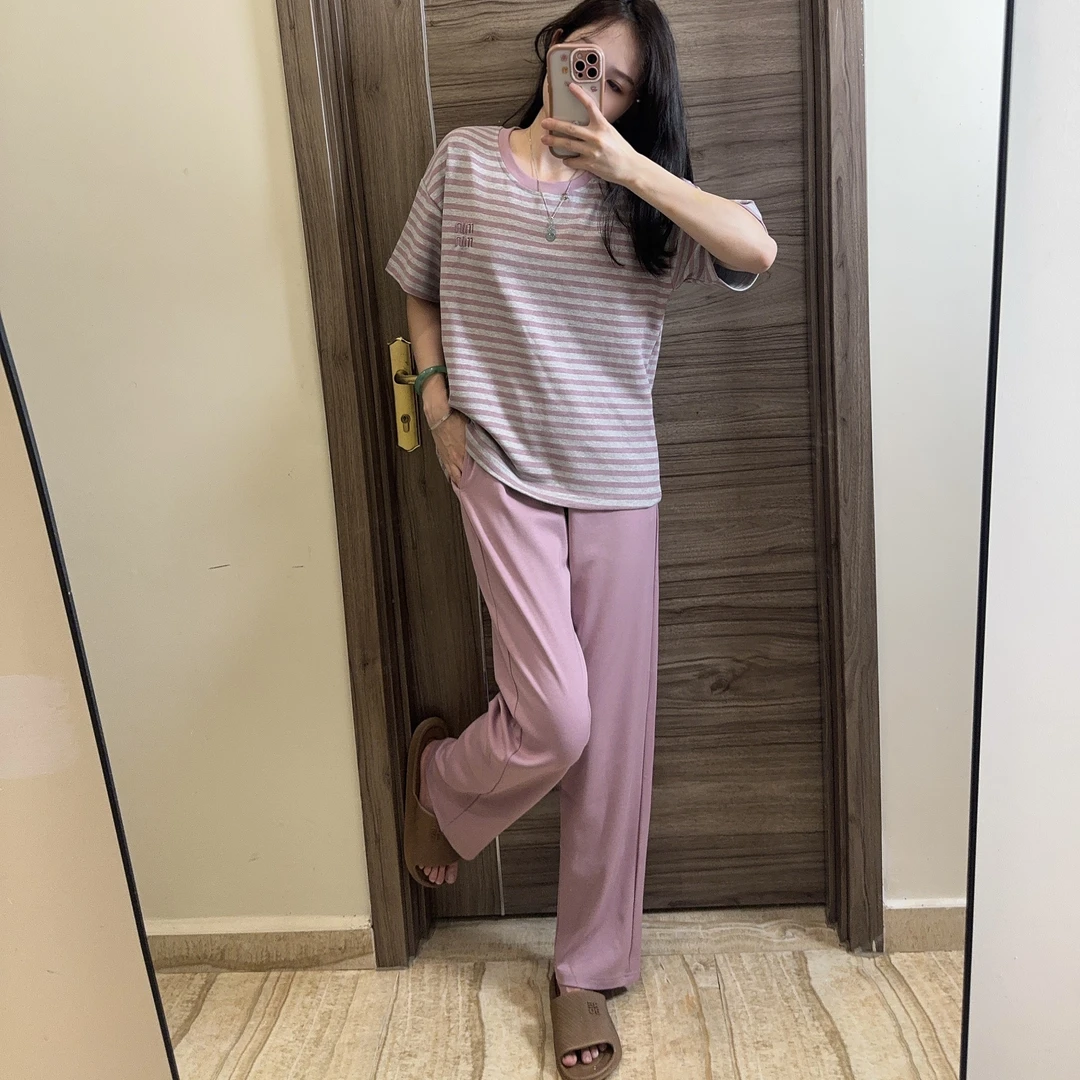 C{拍一发三}夏季新款纯棉短袖长裤 紫色条纹经典懒人可外穿休闲