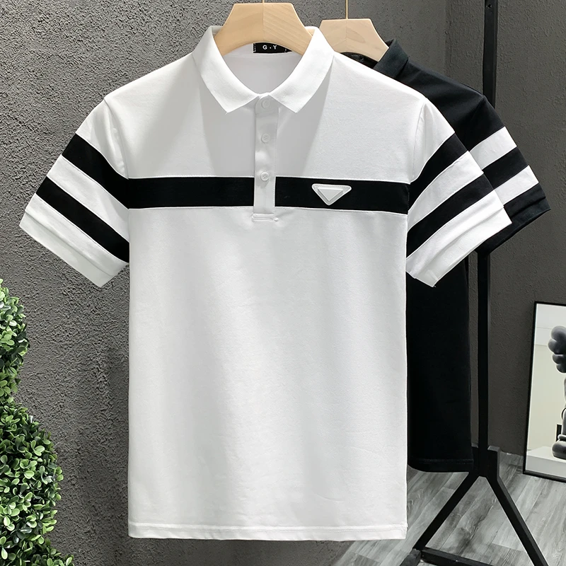 夏季爆款帅气黑白条纹翻领轻奢男T恤短袖polo衫潮牌痞帅百搭衣服