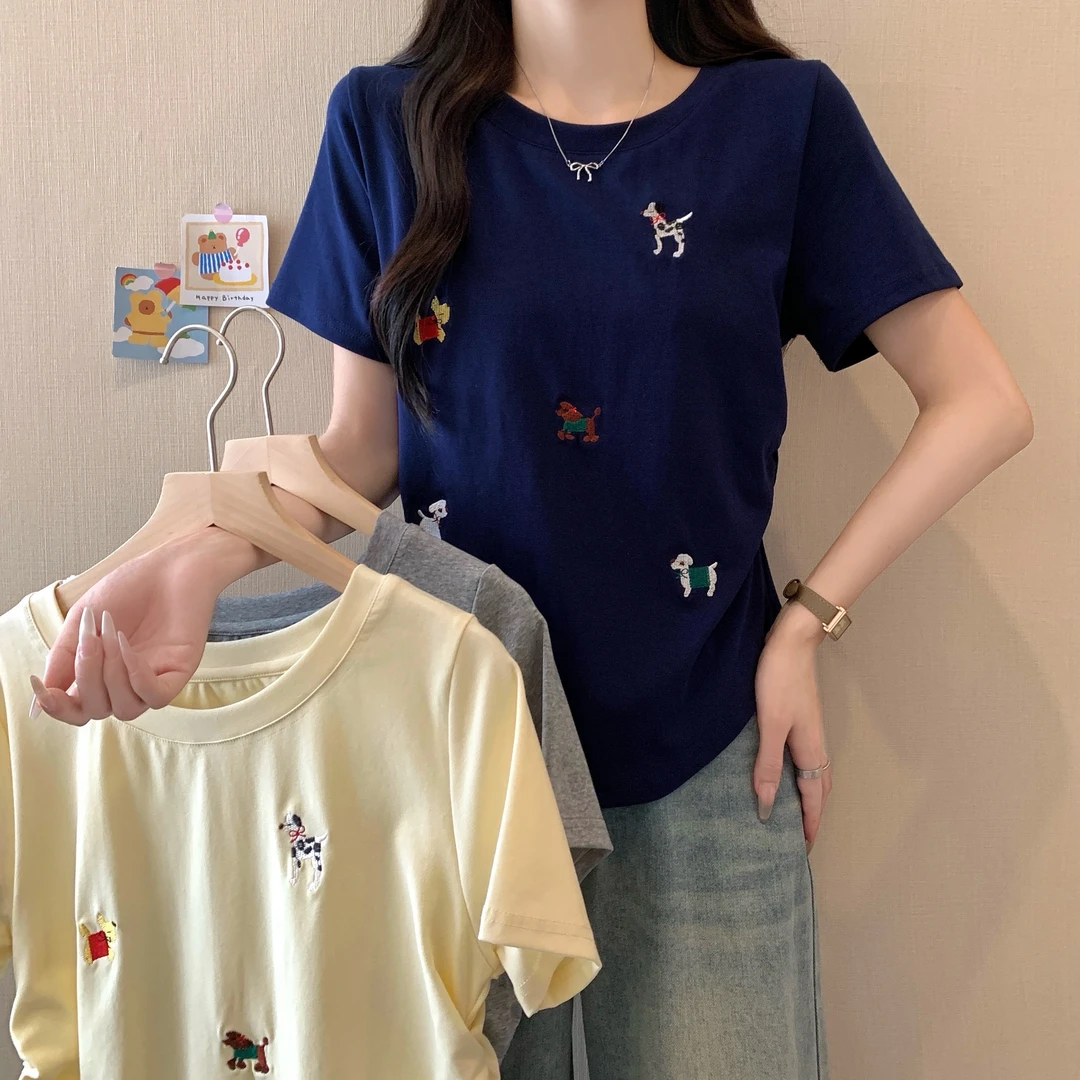 2025年大码女装新款设计感小狗刺绣短袖T恤女3175