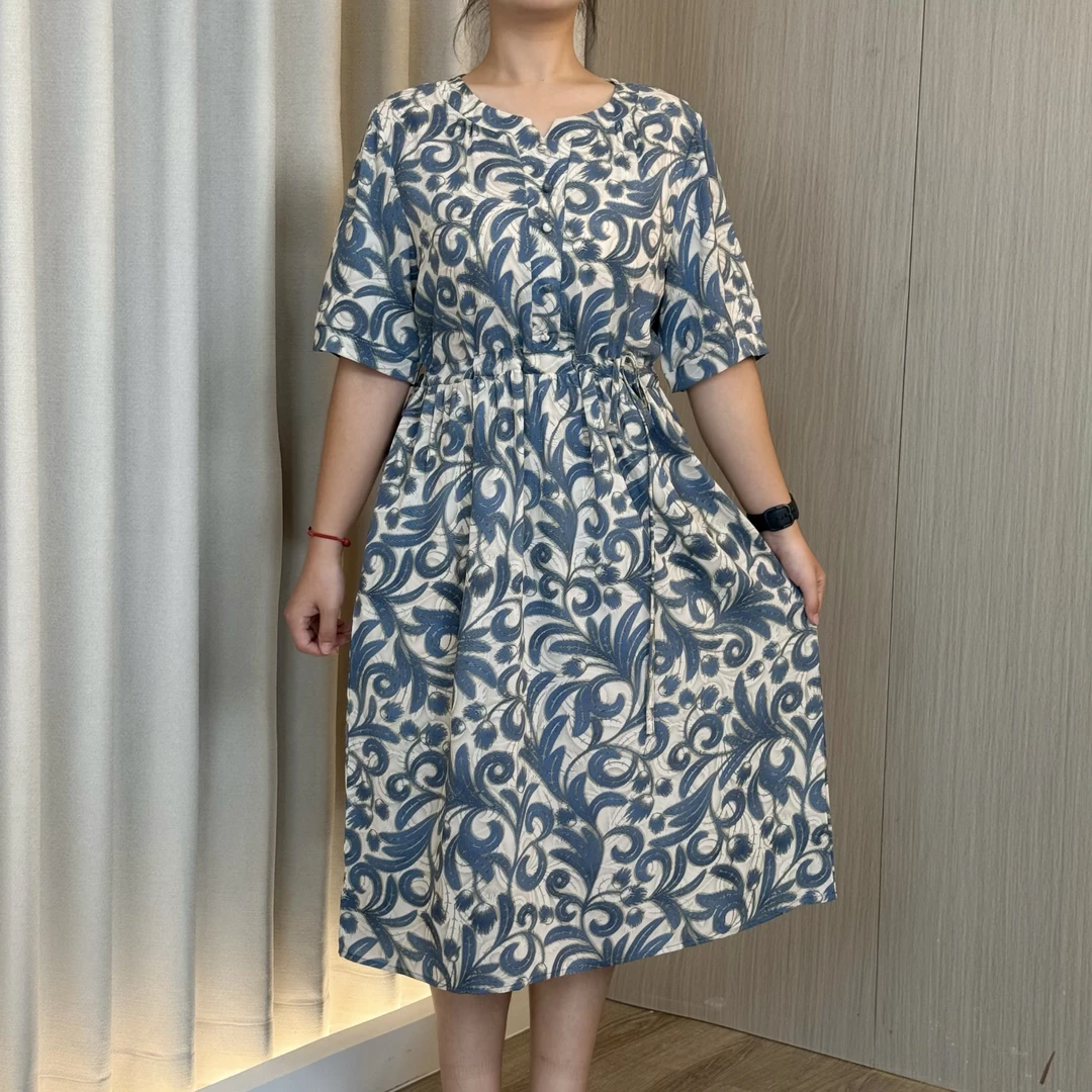 中年女中袖v领透气夏季中腰显瘦气质长裙时尚洋气蓝色连衣裙