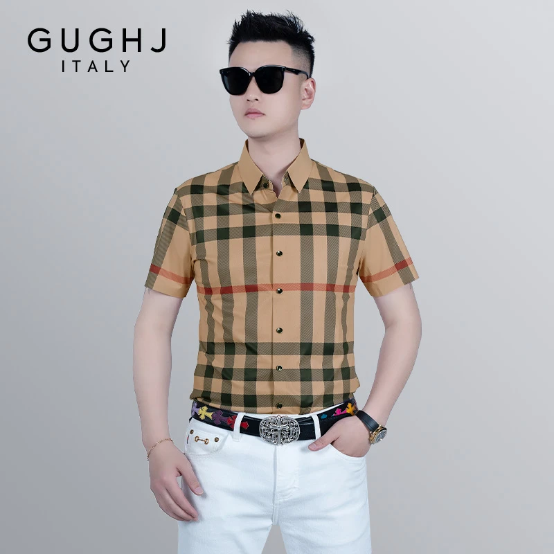 夏季男士轻奢商务经典格子短袖衬衫时尚休闲舒适透气薄款无痕衬衣