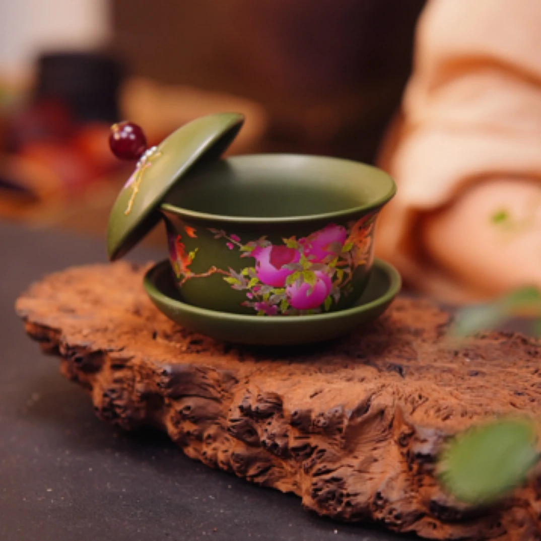 宜兴正宗原矿紫砂纯手工家用大容量盖碗绿色大丰收紫砂盖碗