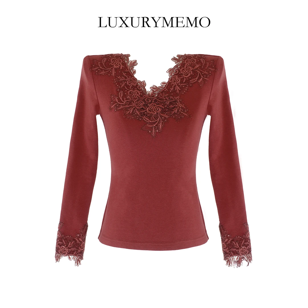 LUXURYMEMO【刘熊熊】秋季新款时尚领口花边磨毛上衣